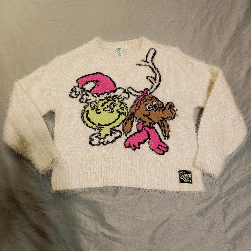 The Grinch x Justice White Fuzzy Christmas Sweater Max Dog Holiday Girls 7/8